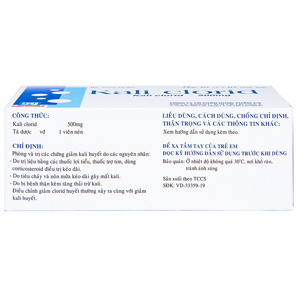 Viên nén Kali Clorid 500mg Nadyphar phòng và điều trị các chứng giảm kali huyết (10 vỉ x 10 viên)