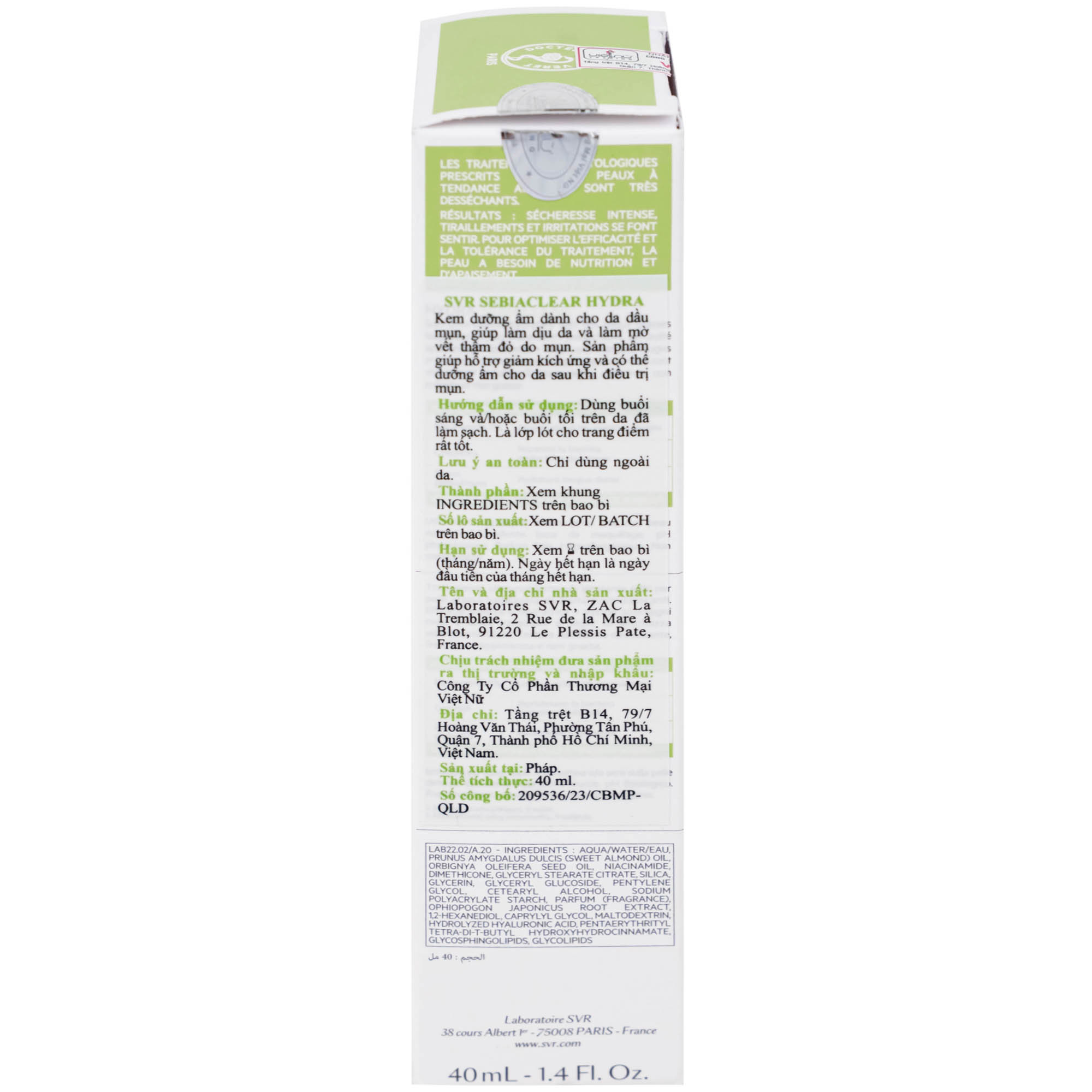 Kem bôi SVR Sebiaclear Hydra dưỡng ẩm cho da dầu mụn (40ml)