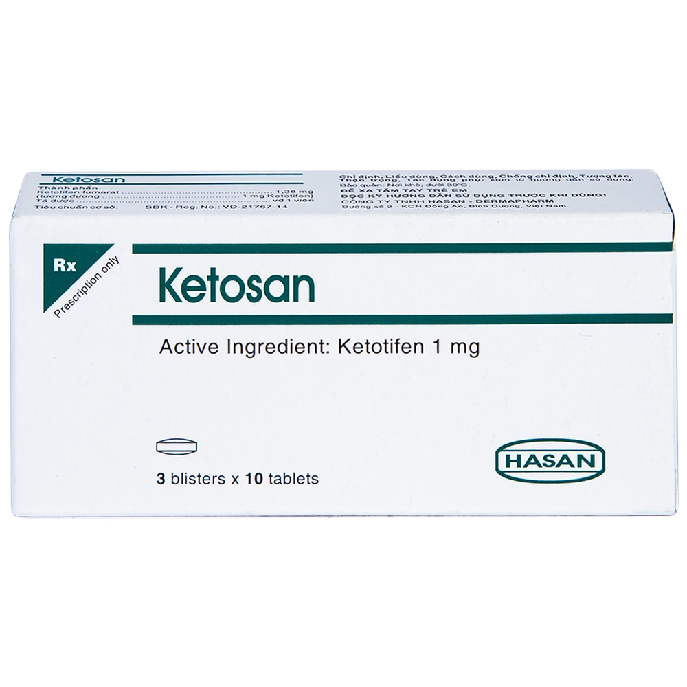 Viên nén Ketosan Hasan phòng ngừa hen phế quản, điều trị viêm mũi dị ứng (3 vỉ x 10 viên)
