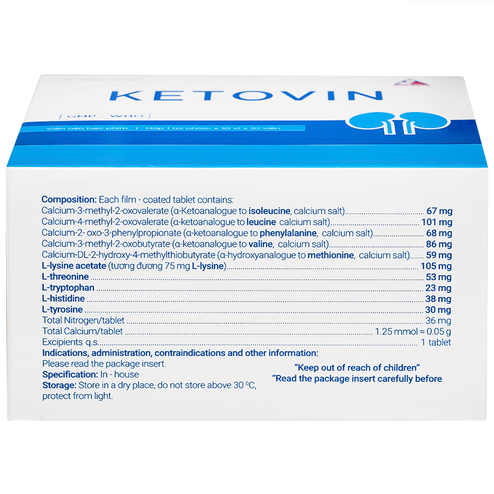 Thuốc Ketovin Vinphaco phòng ngừa và điều trị rối loạn chuyển hóa protein trong suy thận mạn (10 vỉ x 10 viên)