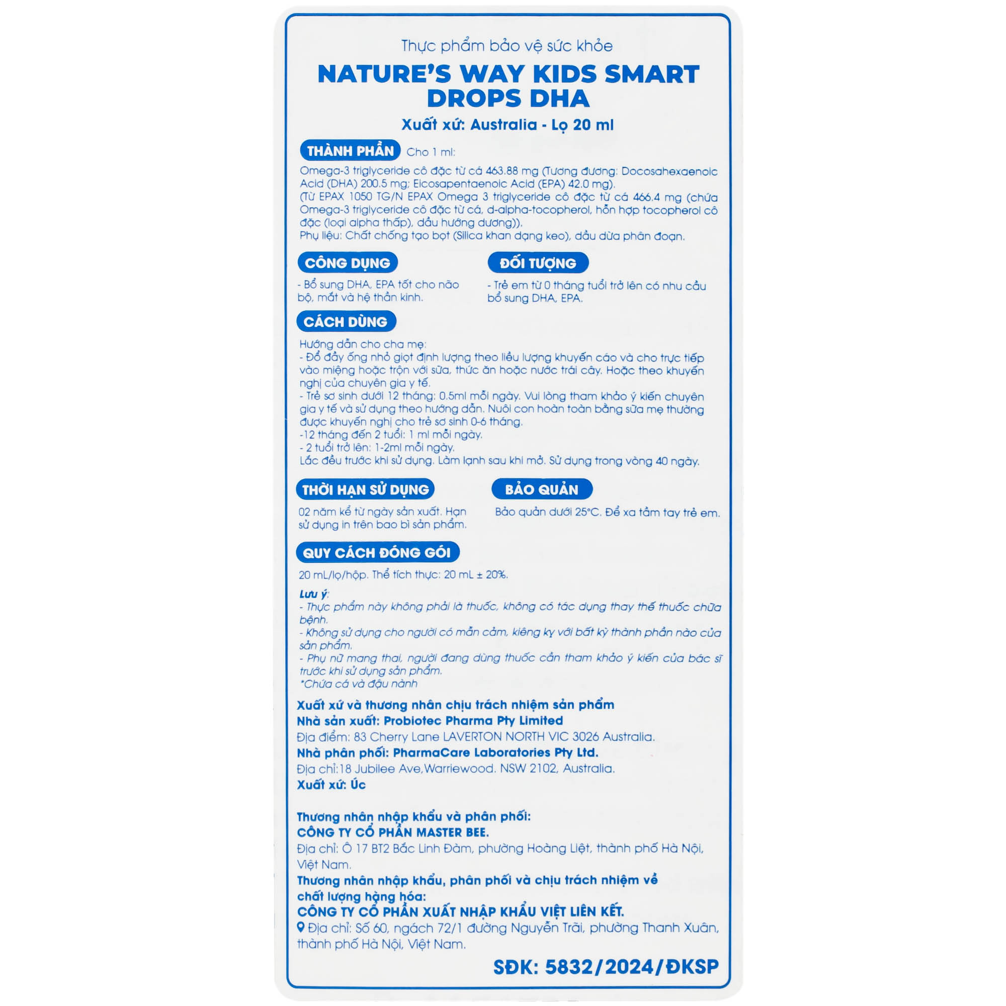 Siro bổ não Kids Smart Drops DHA Nature's Way (20ml)