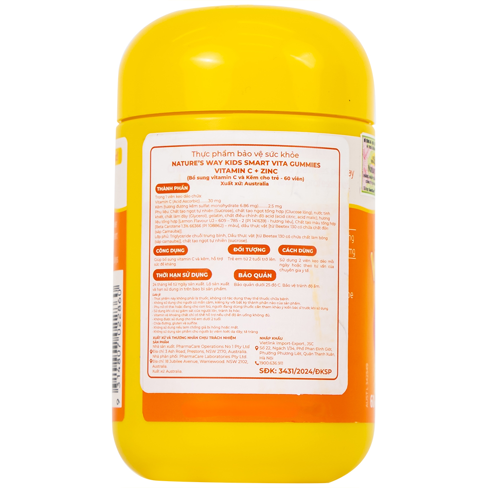 Viên nhai hỗ trợ sức đề kháng Kids Smart Vita Gummies Vitamin C + Zinc Nature's Way (60 viên)
