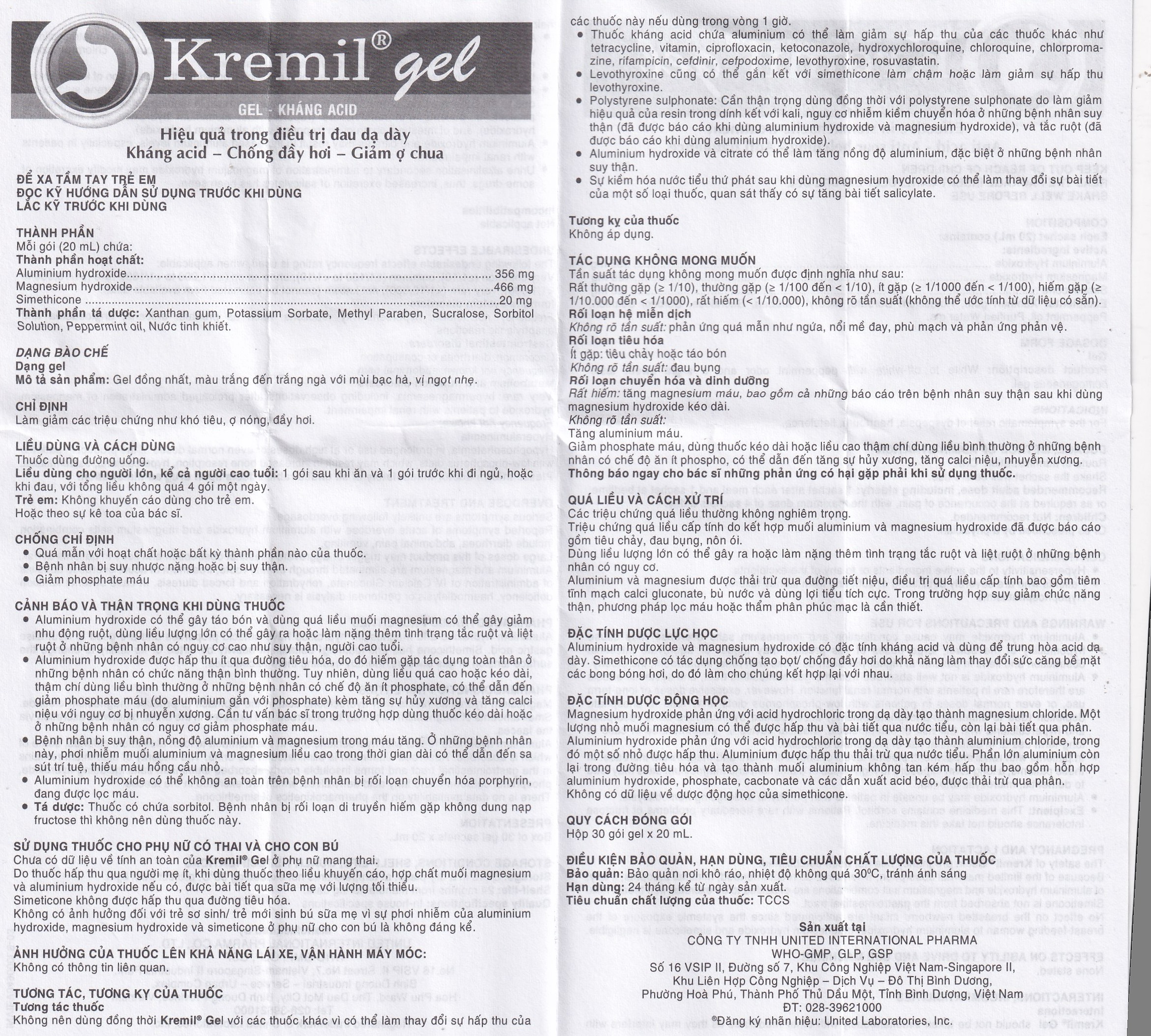 Dung dịch Kremil Gel United Pharma giảm loét dạ dày - tá tràng, viêm thực quản (30 gói x 20ml)