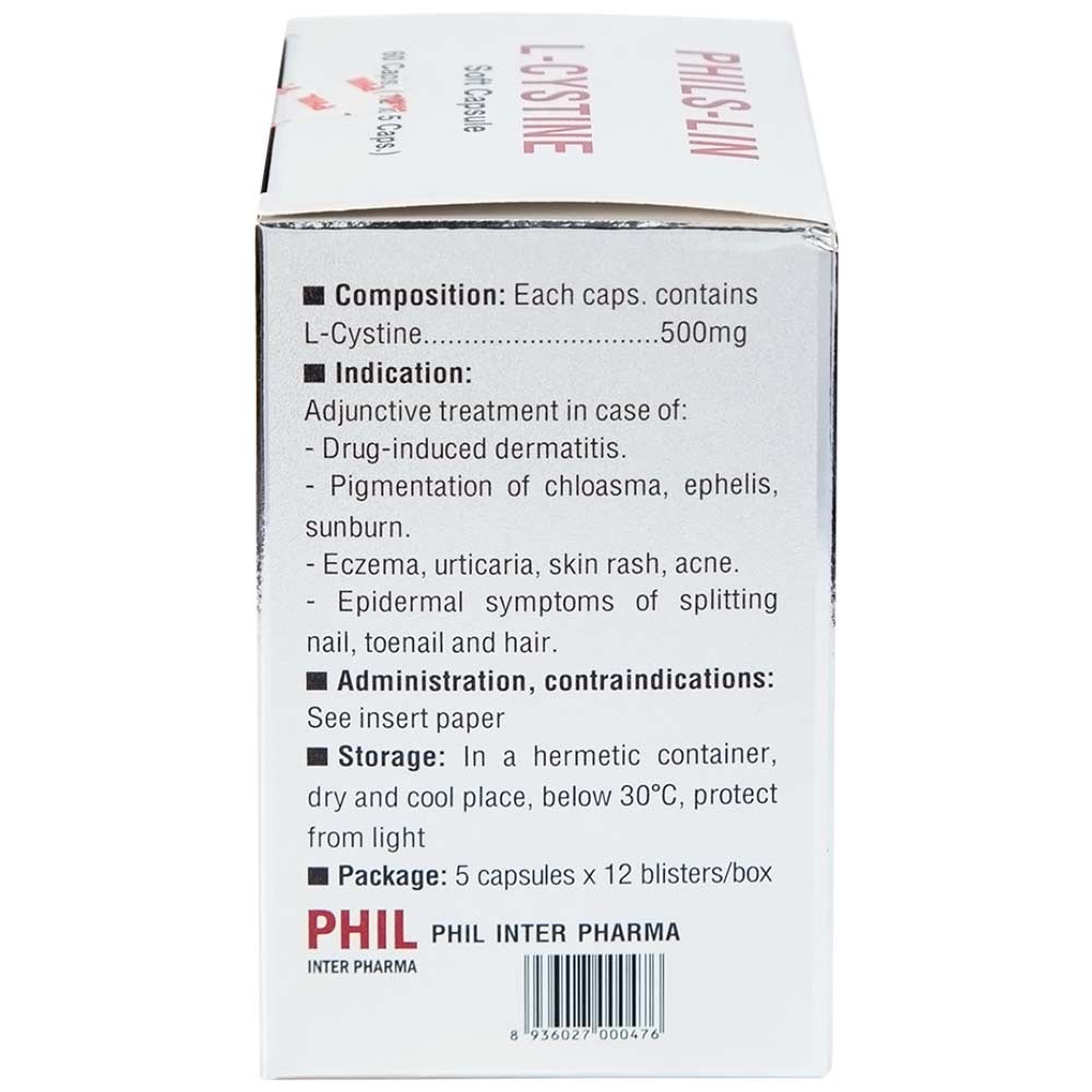Viên nang mềm L-Cystine 500mg Phils Lin hỗ trợ điều trị viêm da do thuốc, sạm da, tàn nhang (12 vỉ x 5 viên)