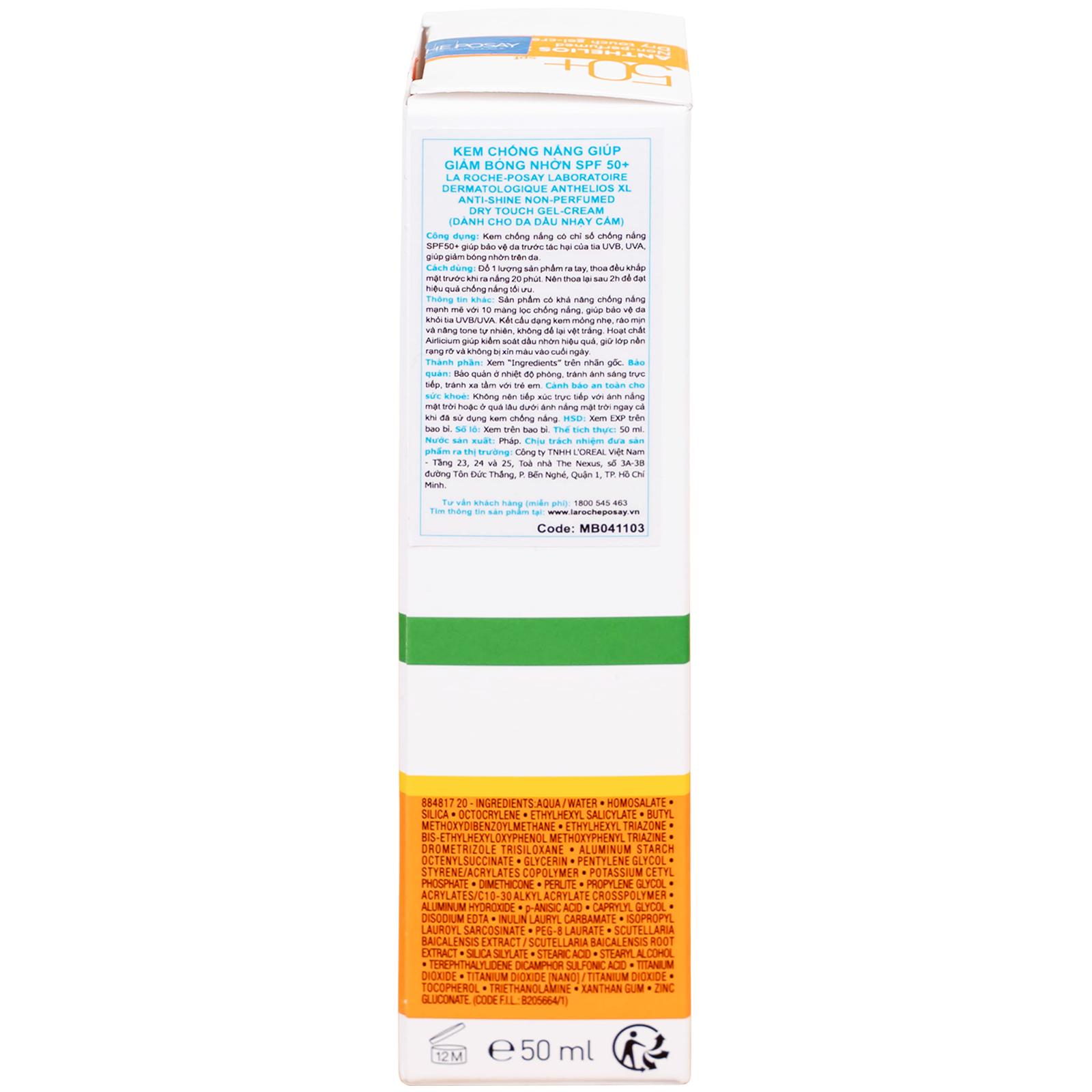 Kem chống nắng giảm bóng nhờn La Roche-posay Laboratoire Dermatologique Anthelios Xl Anti-shine Non-perfumed Dry Touch Gel-cream SPF 50+ PA++++ 50ml