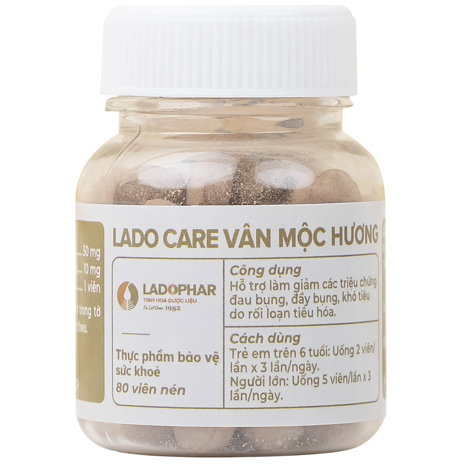 Viên hỗ trợ giảm triệu chứng đầy bụng, khó tiêu Lado Care Vân Mộc Hương Ladophar (80 viên)