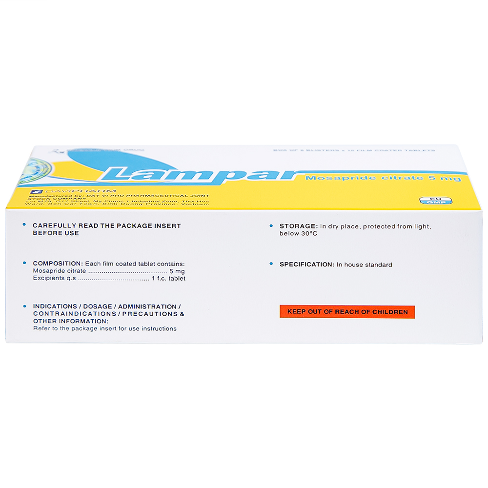 Viên nén Lampar 5mg DaviPharm điều trị bệnh trào ngược dạ dày - thực quản mạn tính (6 vỉ x 10 viên)