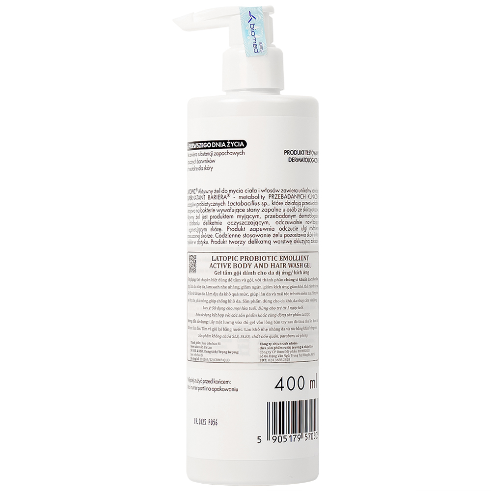 Gel tắm gội cho da kích ứng Latopic Probiotic Emollient Active 400ml