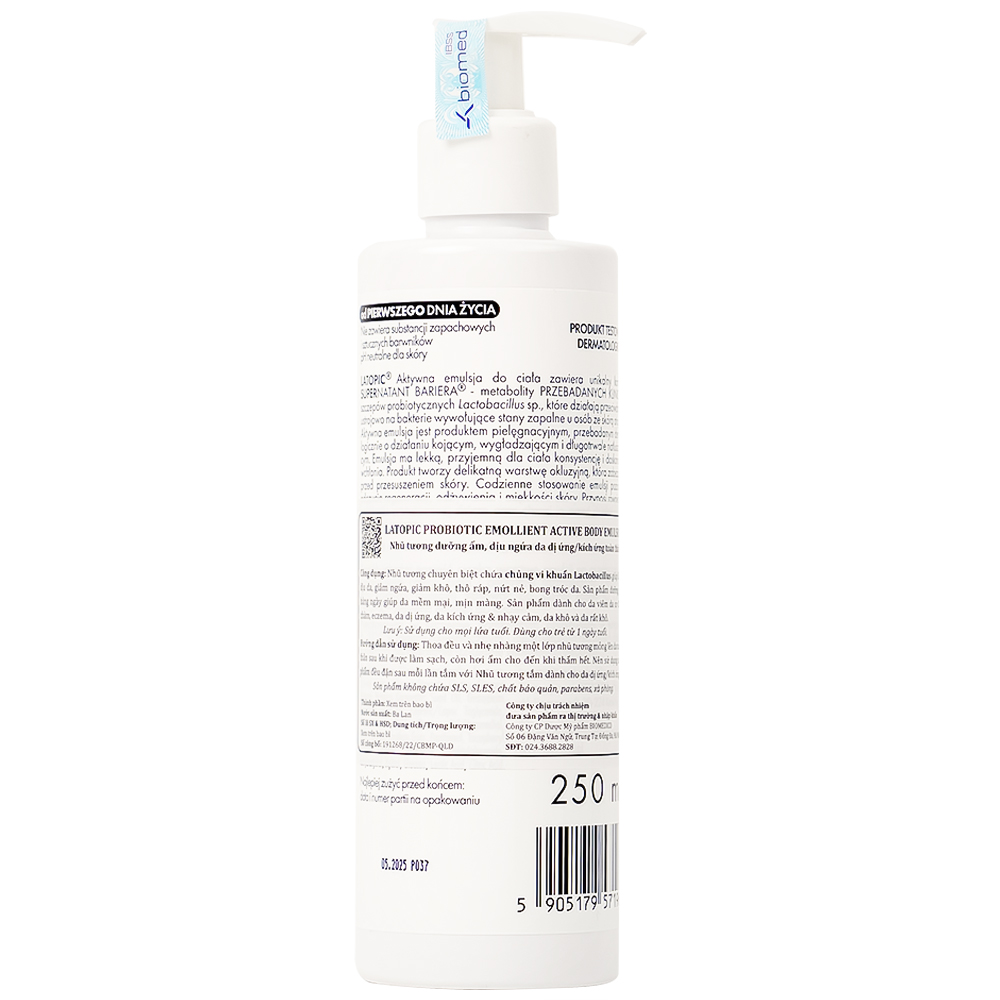 Nhũ tương dưỡng ẩm Latopic Probiotic Emollient Active Body Emulsion dịu ngứa da dị ứng, kích ứng (250ml)