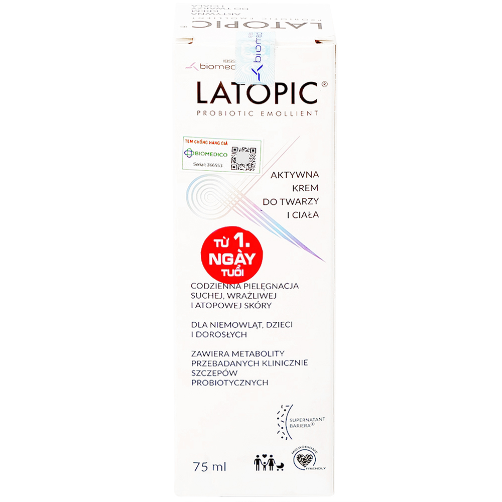 Kem bôi dưỡng ẩm, dịu da Latopic Probiotic Emollient Active Face And Body cream 75ml