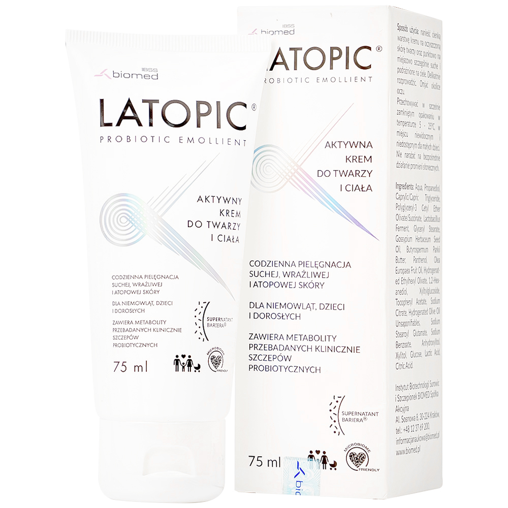 Kem bôi dưỡng ẩm, dịu da Latopic Probiotic Emollient Active Face And Body cream 75ml