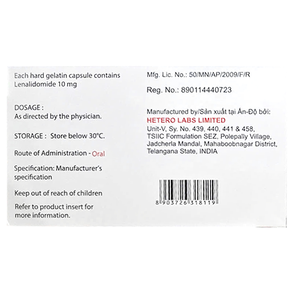 Thuốc Lenalidomide Capsules 10mg Hetero điều trị ung thư (3 vỉ x 10 viên)