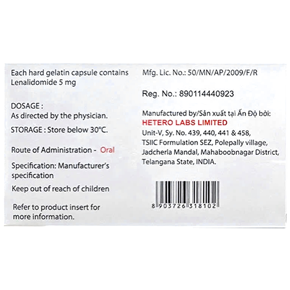 Thuốc Lenalidomide Capsules 5mg Hetero điều trị ung thư  (3 vỉ x 10 viên)