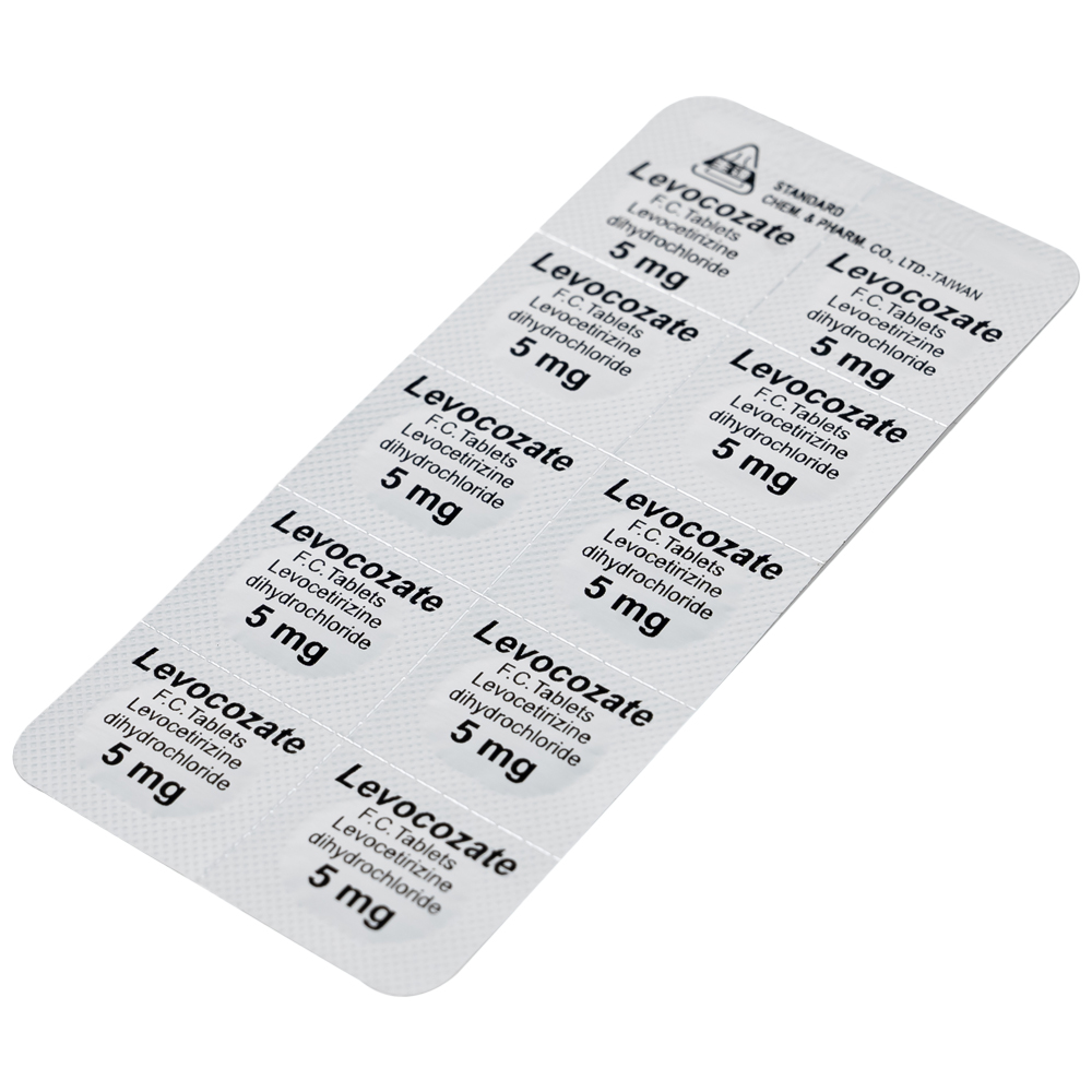 Thuốc Levocozate 5mg dùng trong điều trị viêm mũi dị ứng theo mùa, dị ứng kinh niên, nổi mề đay tự phát (10 vỉ x 10 viên)