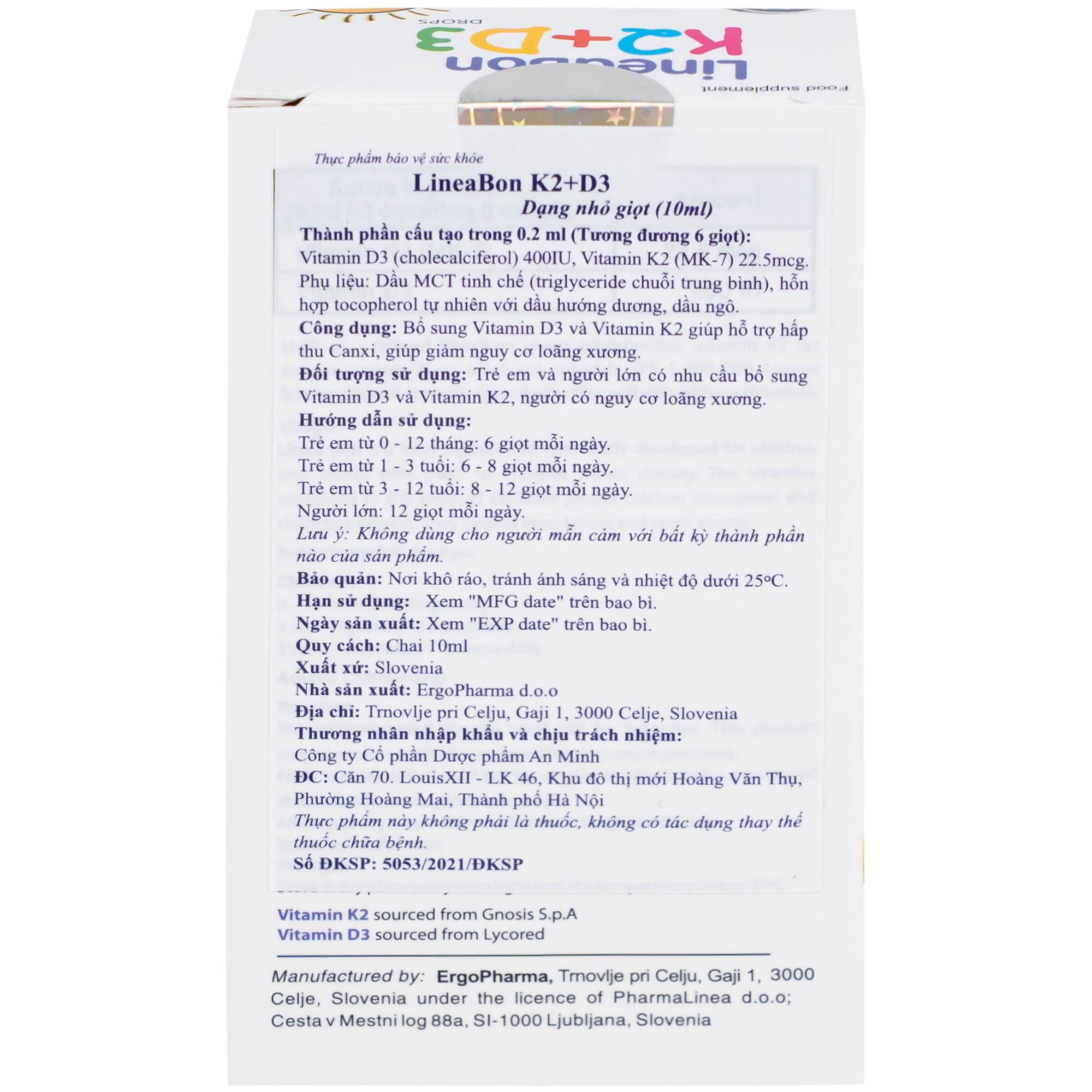 Siro giúp hỗ trợ hấp thụ canxi LineaBon K2+D3 ErgoPharm (10ml)