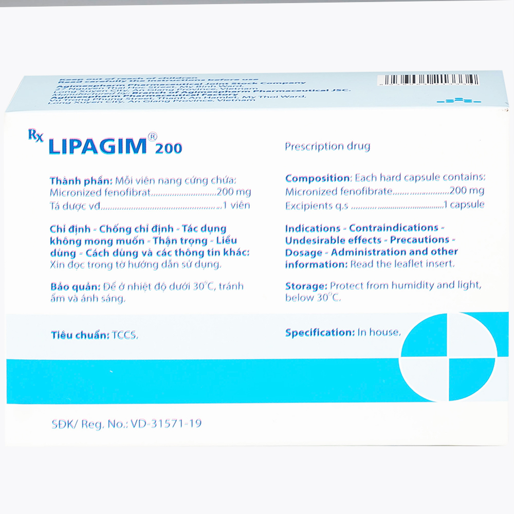 Thuốc Lipagim 200 Agimexpharm bổ sung cho chế độ ăn uống, điều trị tăng triglycerid máu (3 vỉ x 10 viên)