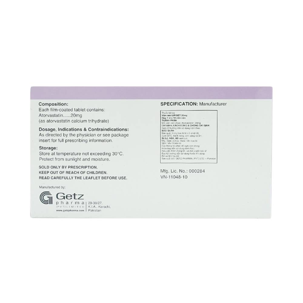 Thuốc Lipiget 20mg Getz hỗ trợ chế độ ăn kiêng trong giảm cholesterol toàn phần (1 vỉ x 10 viên)