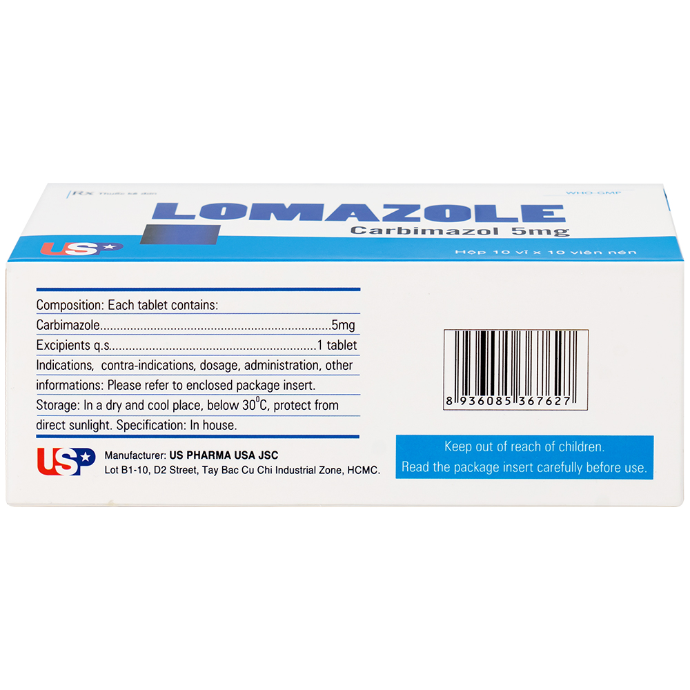 Thuốc Lomazole 5mg US Pharma điều trị bệnh Basedow, nhiễm độc tuyến giáp, cường giáp khi thai nghén (10 vỉ x 10 viên)