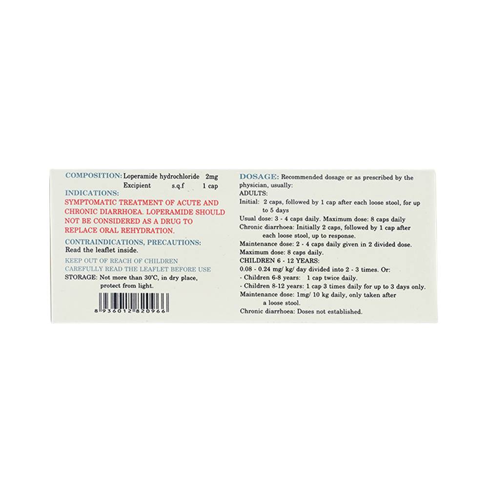 Viên nang cứng Loperamid 2mg Nadyphar điều trị triệu chứng tiêu chảy cấp tính và mạn tính (10 vỉ x 10 viên)