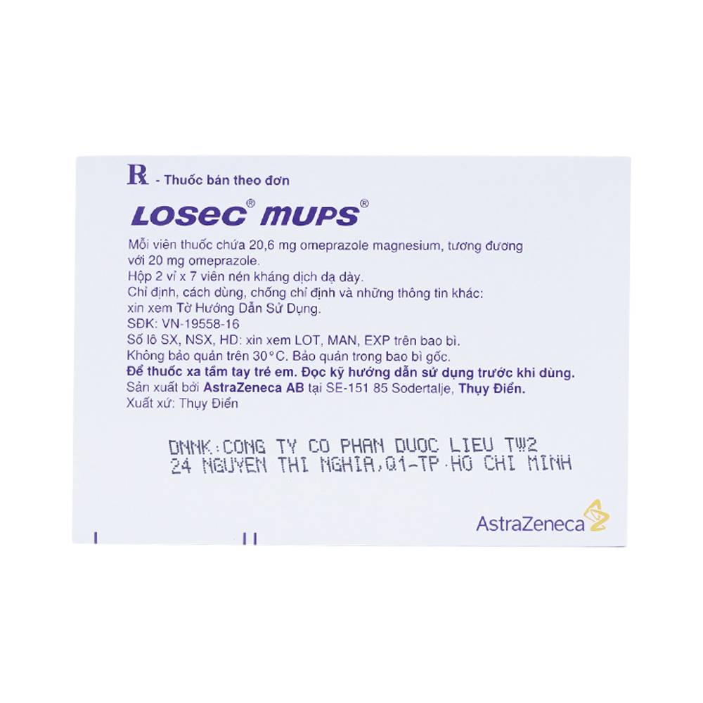 Viên nén Losec Mups 20mg AstraZeneca điều trị loét tá tràng, dạ dày (2 vỉ x 7 viên)
