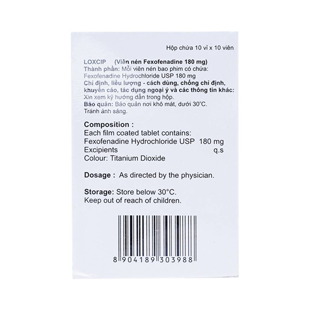 Viên nén Loxcip 180mg Aurochem Pharma điều trị các chứng viêm mũi dị ứng (10 vỉ x 10 viên)