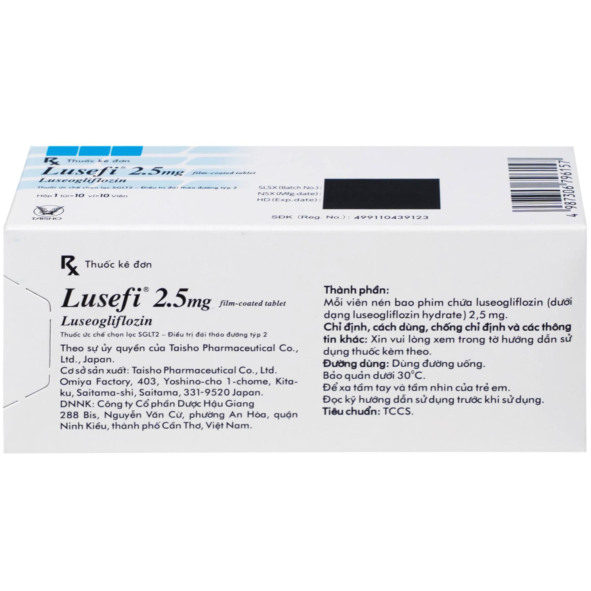 Thuốc Lusefi 2.5mg Taisho điều trị bệnh đái tháo đường tuýp 2 (10 vỉ x 10 viên)