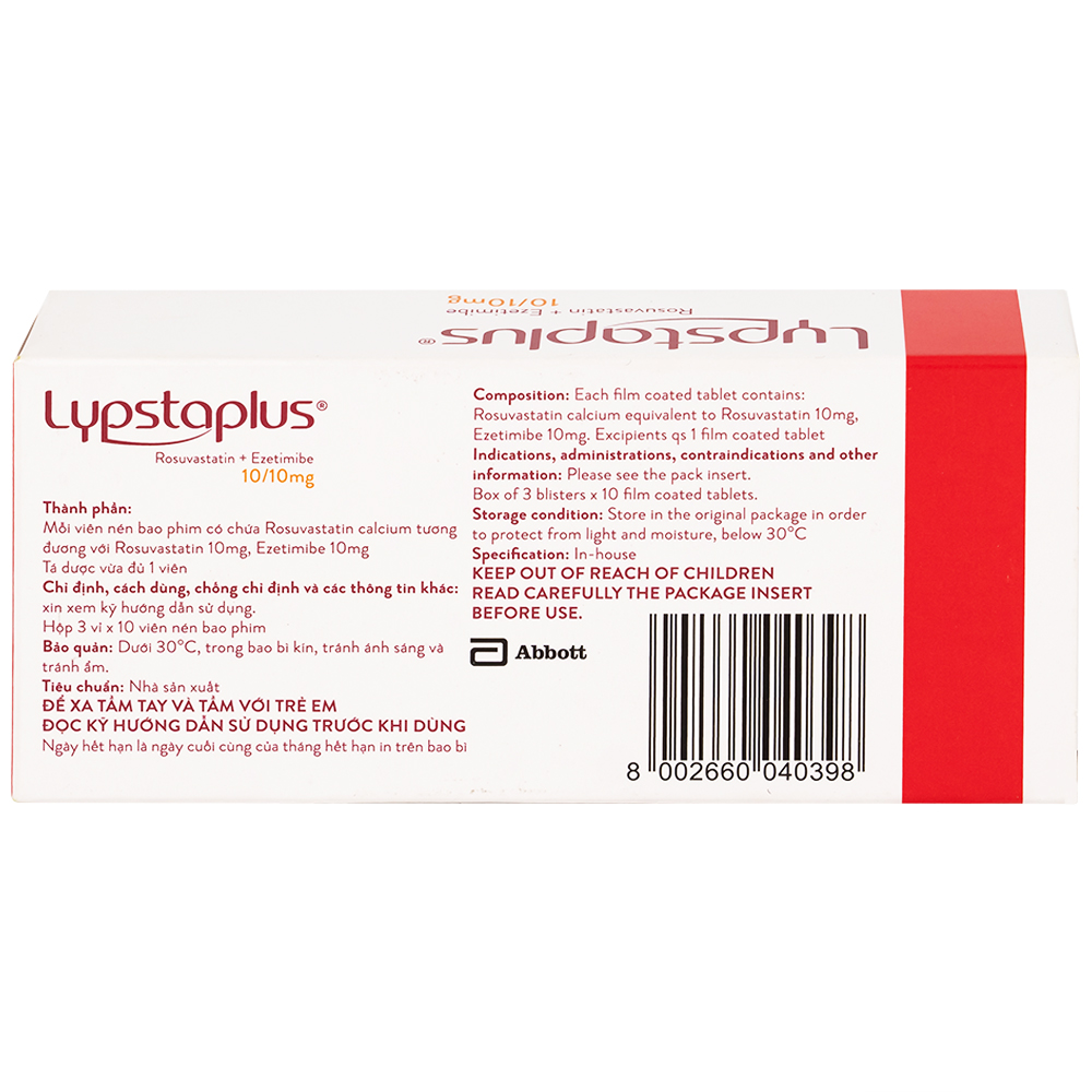 Viên nén Lypstaplus 10/10mg Abbott điều trị tăng cholesterol máu nguyên phát (3 vỉ x 10 viên)