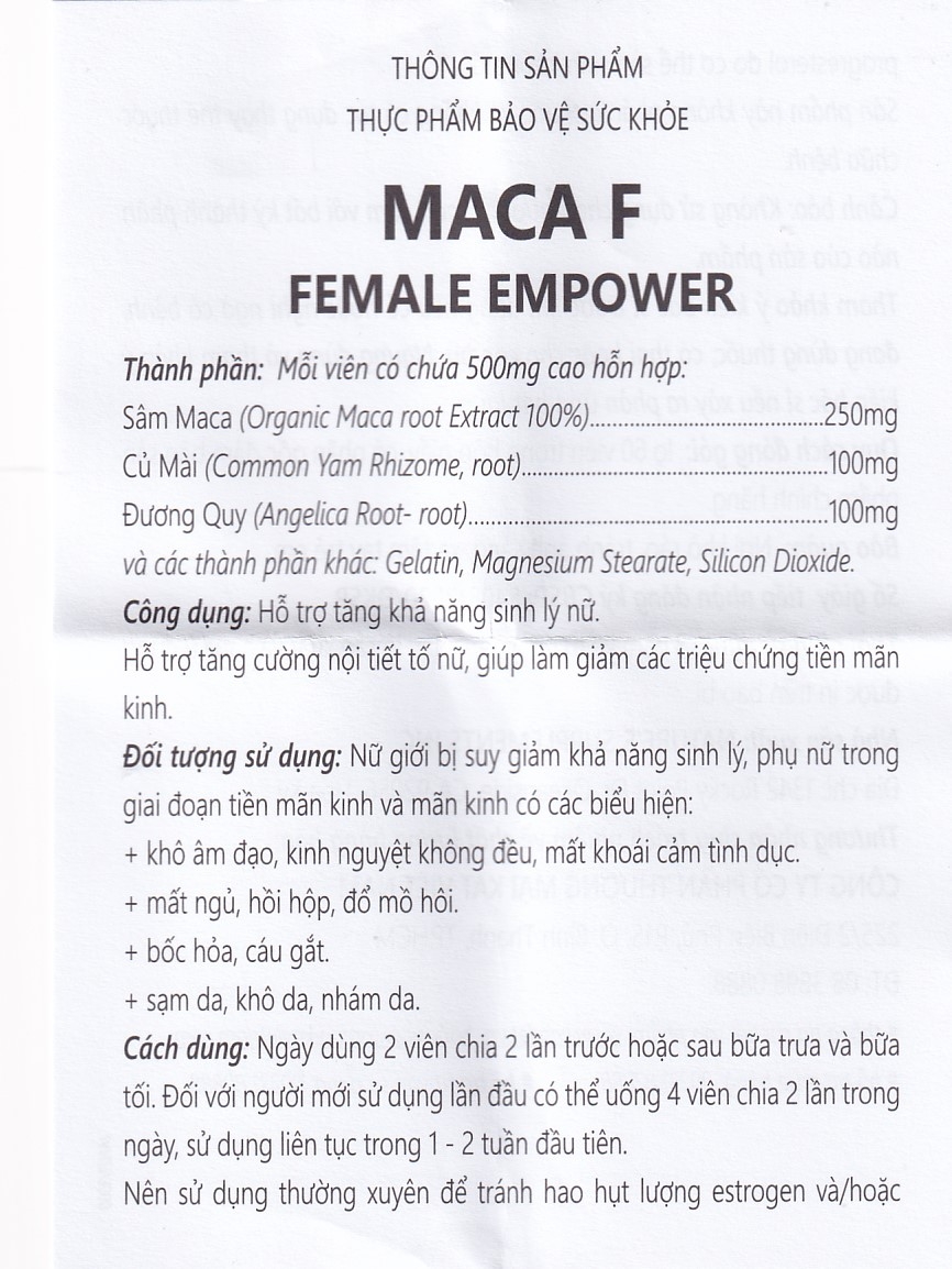 Viên uống hỗ trợ tăng sinh lý nữ, tăng cường nội tiết tố nữ Maca F Female Empower (60 viên)
