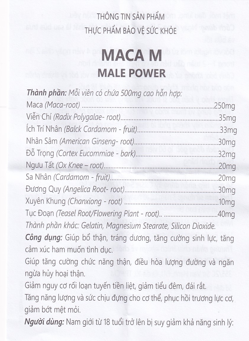 Viên uống giúp bổ thận, tráng dương, tăng cường sinh lực nam Maca M Male Power (60 viên)