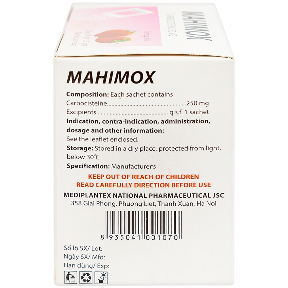 Bột pha hỗn dịch Mahimox 250mg hương dâu điều trị hỗ trợ các rối loạn đường hô hấp (30 gói x 2g)