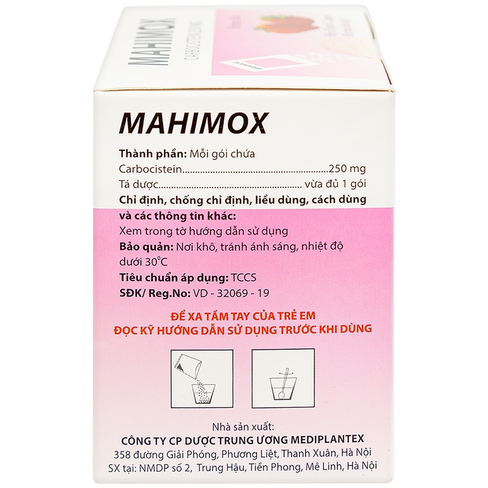 Bột pha hỗn dịch Mahimox 250mg hương dâu điều trị hỗ trợ các rối loạn đường hô hấp (30 gói x 2g)