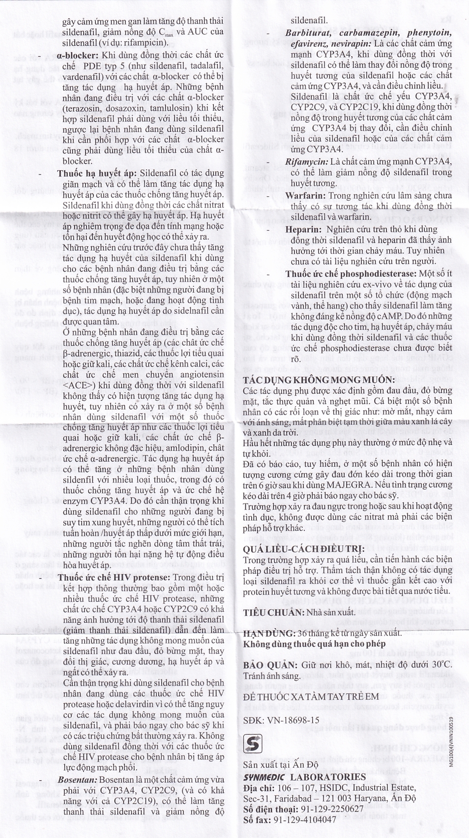 Viên nén Majegra-100 Synmedic điều trị tình trạng suy chức năng gây cương ở nam giới (1 vỉ x 4 viên)