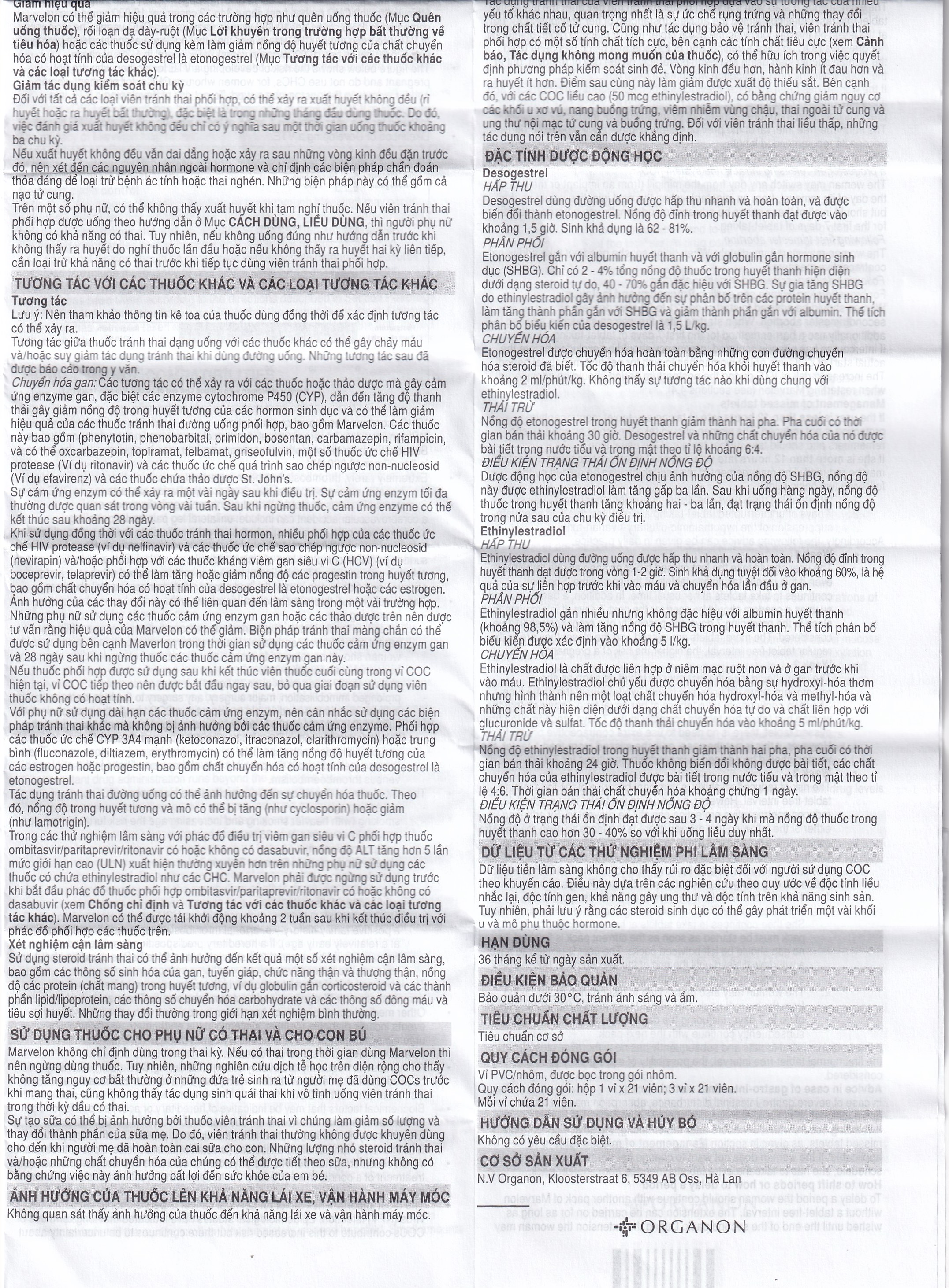 Thuốc tránh thai Marvelon Organon (21 viên)