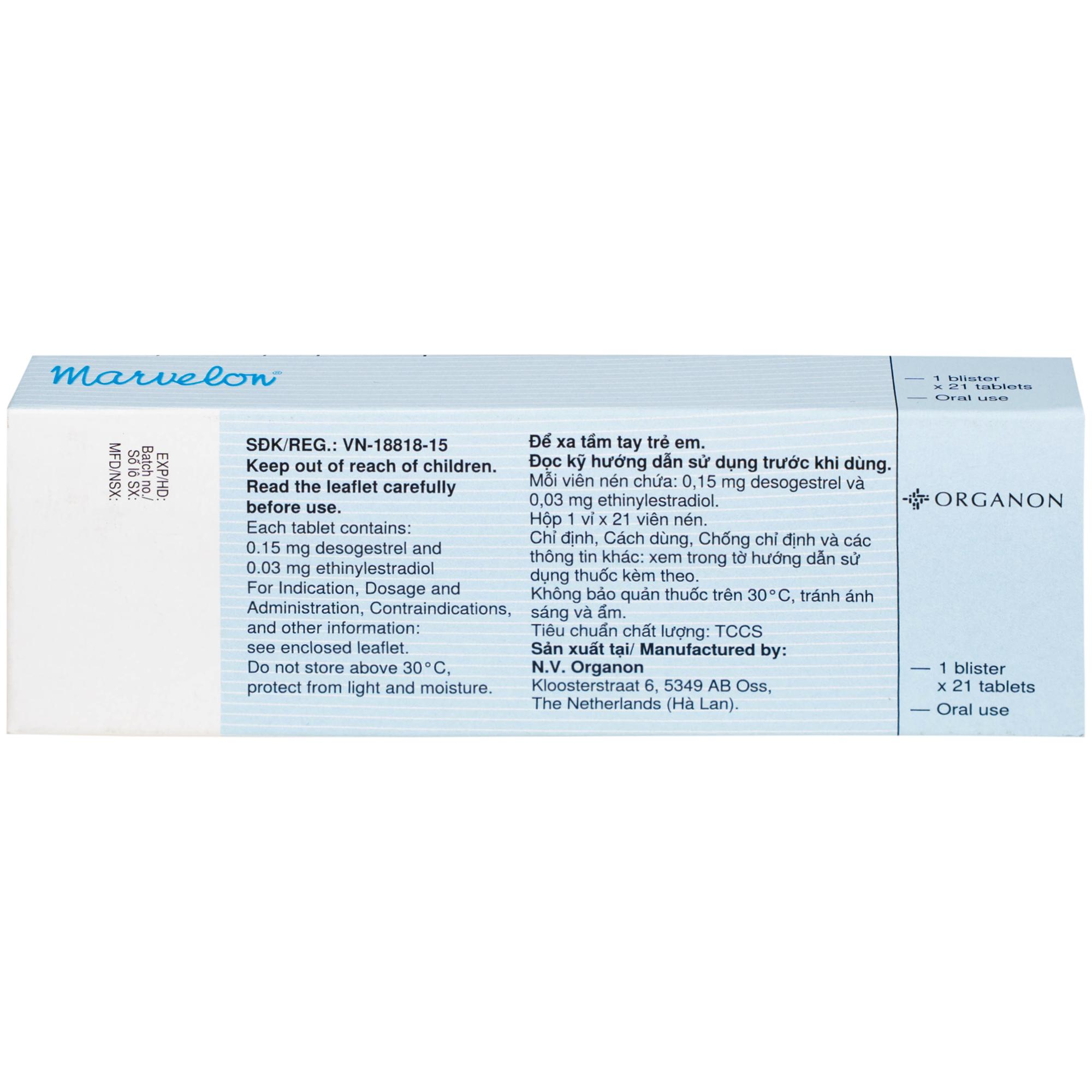 Thuốc tránh thai Marvelon Organon (21 viên)