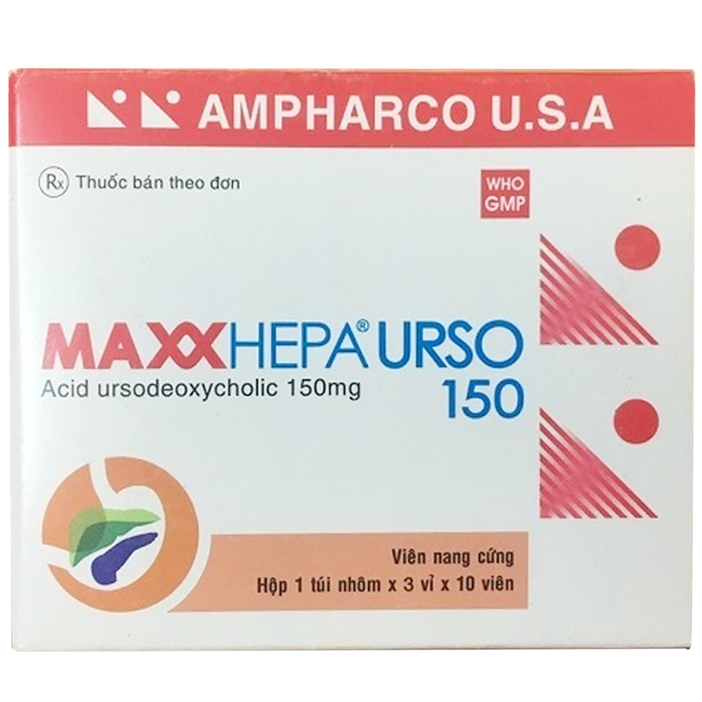 Thuốc Maxxhepa Urso 150 Ampharco điều trị xơ gan do mật nguyên phát, tan sỏi túi mật cholesterol (3 vỉ x 10 viên)