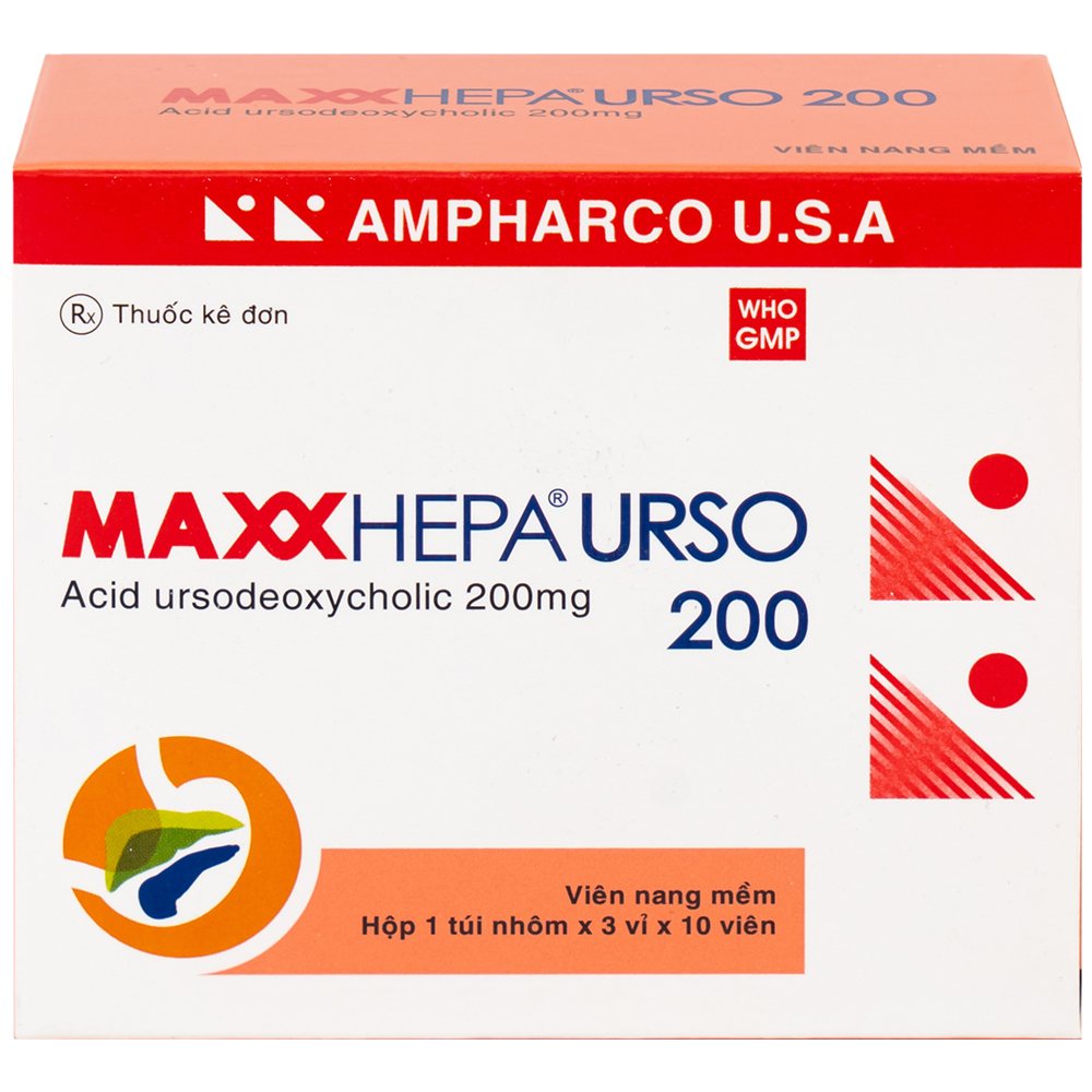 Thuốc Maxxhepa Urso 200 Ampharco điều trị xơ gan do mật nguyên phát, tan sỏi túi mật cholesterol (3 vỉ x 10 viên)
