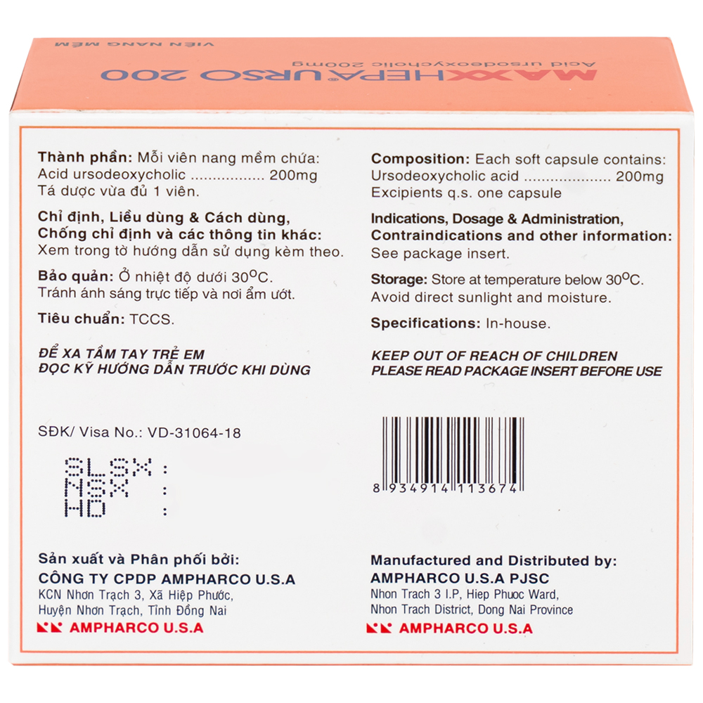 Thuốc Maxxhepa Urso 200 Ampharco điều trị xơ gan do mật nguyên phát, tan sỏi túi mật cholesterol (3 vỉ x 10 viên)