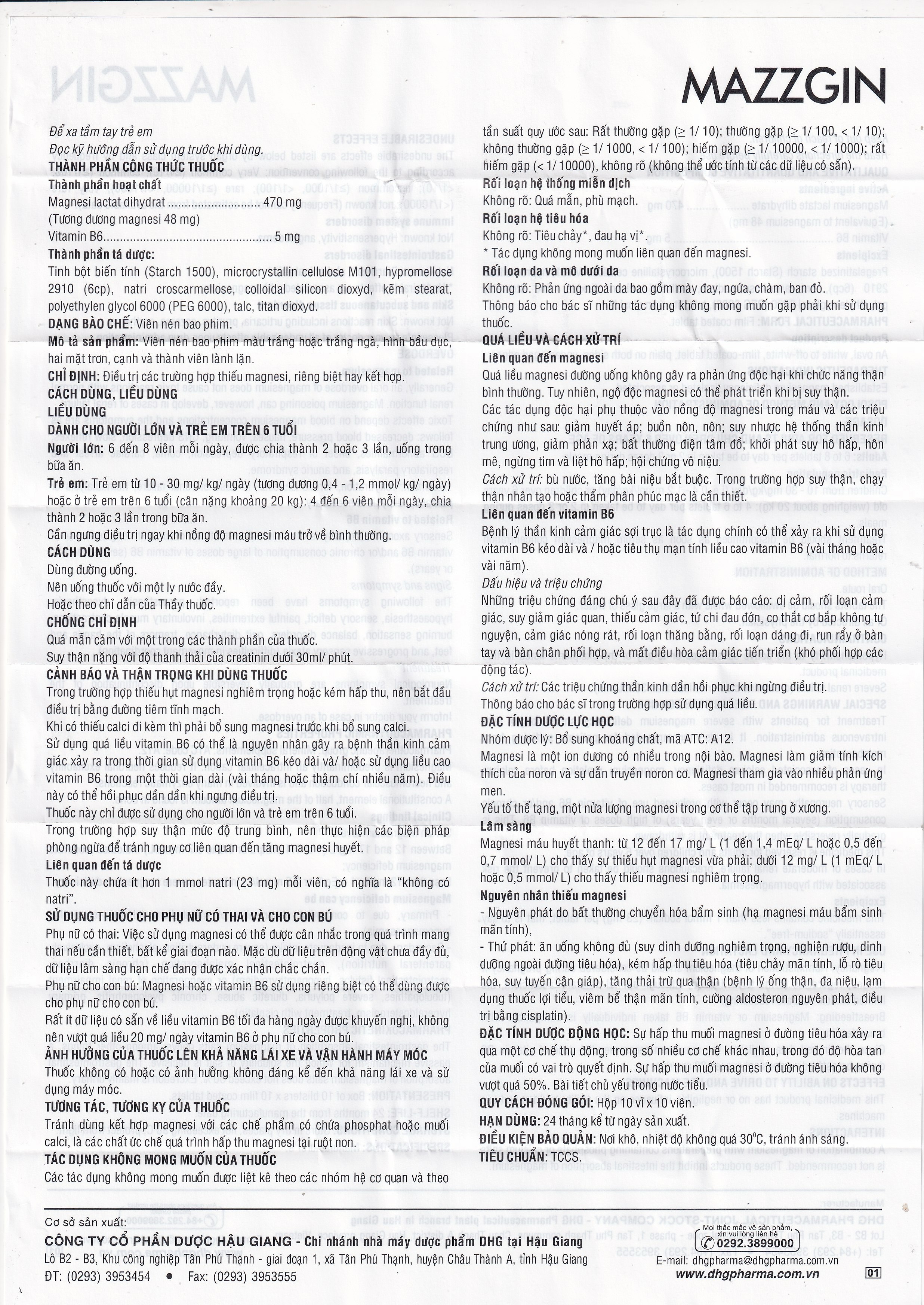 Thuốc Mazzgin DHG Pharma điều trị các trường hợp thiếu magnesi riêng biệt hay kết hợp (10 vỉ x 10 viên)