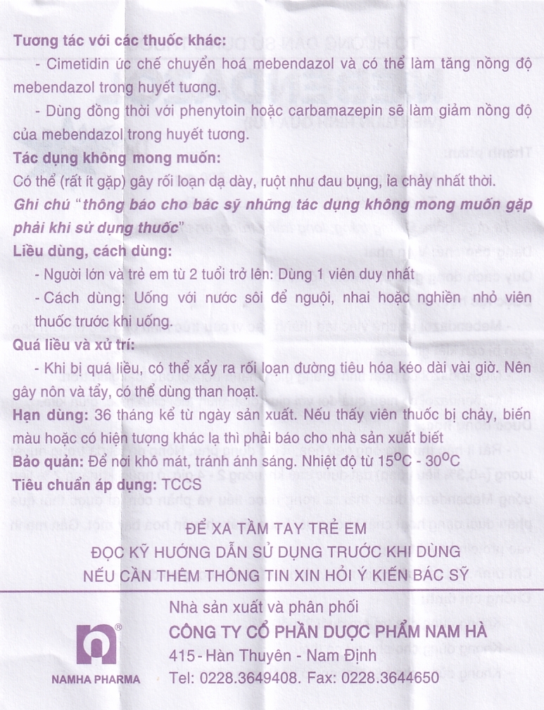 Viên nhai Mebendazol 500mg Nam Hà điều trị các loại giun tròn (1 viên)