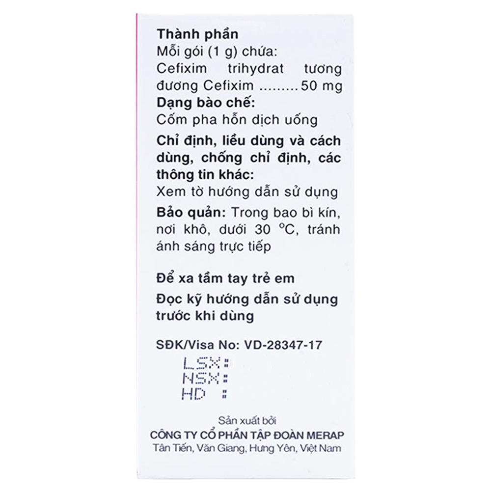 Cốm pha hỗn dịch uống Mecefix-B.E 50mg Merap điều trị viêm tai giữa, viêm xoang (20 gói)