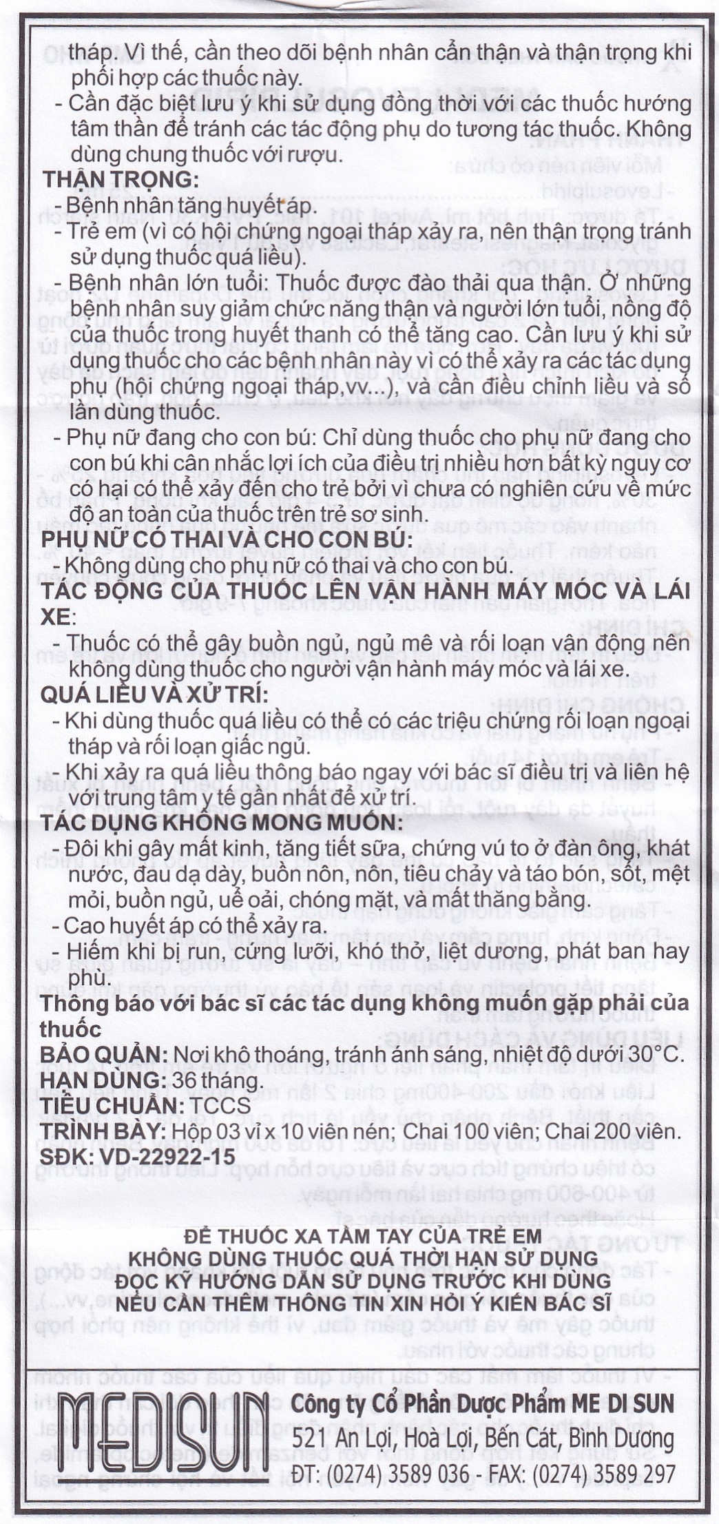 Viên nén Medi-Levosulpirid 25mg Medisun điều trị tâm thần phân liệt cấp và mạn tính (3 vỉ x 10 viên)