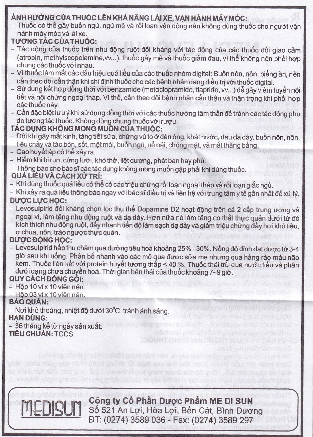 Viên nén Medi-Levosulpirid 50 Medisun điều trị tâm thần phân liệt, rối loạn tiêu hóa (3 vỉ x 10 viên)