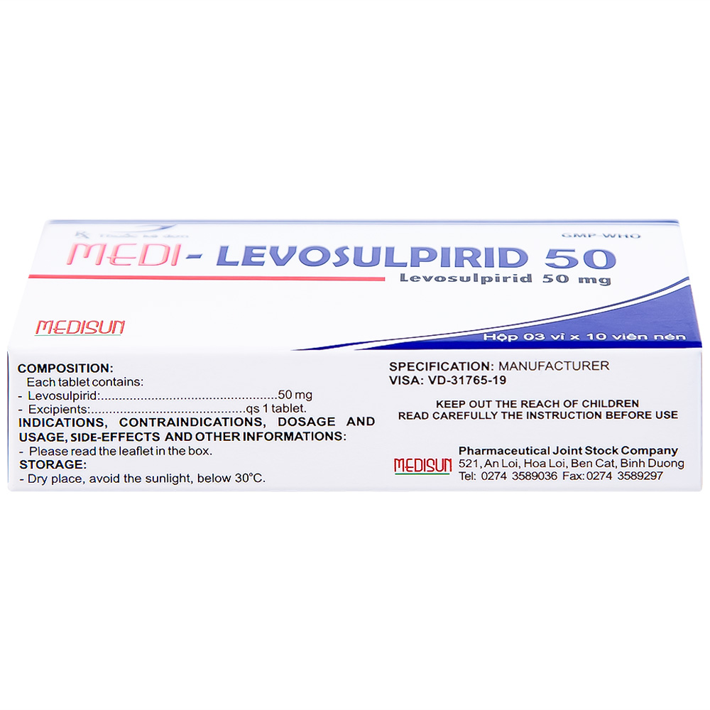 Viên nén Medi-Levosulpirid 50 Medisun điều trị tâm thần phân liệt, rối loạn tiêu hóa (3 vỉ x 10 viên)