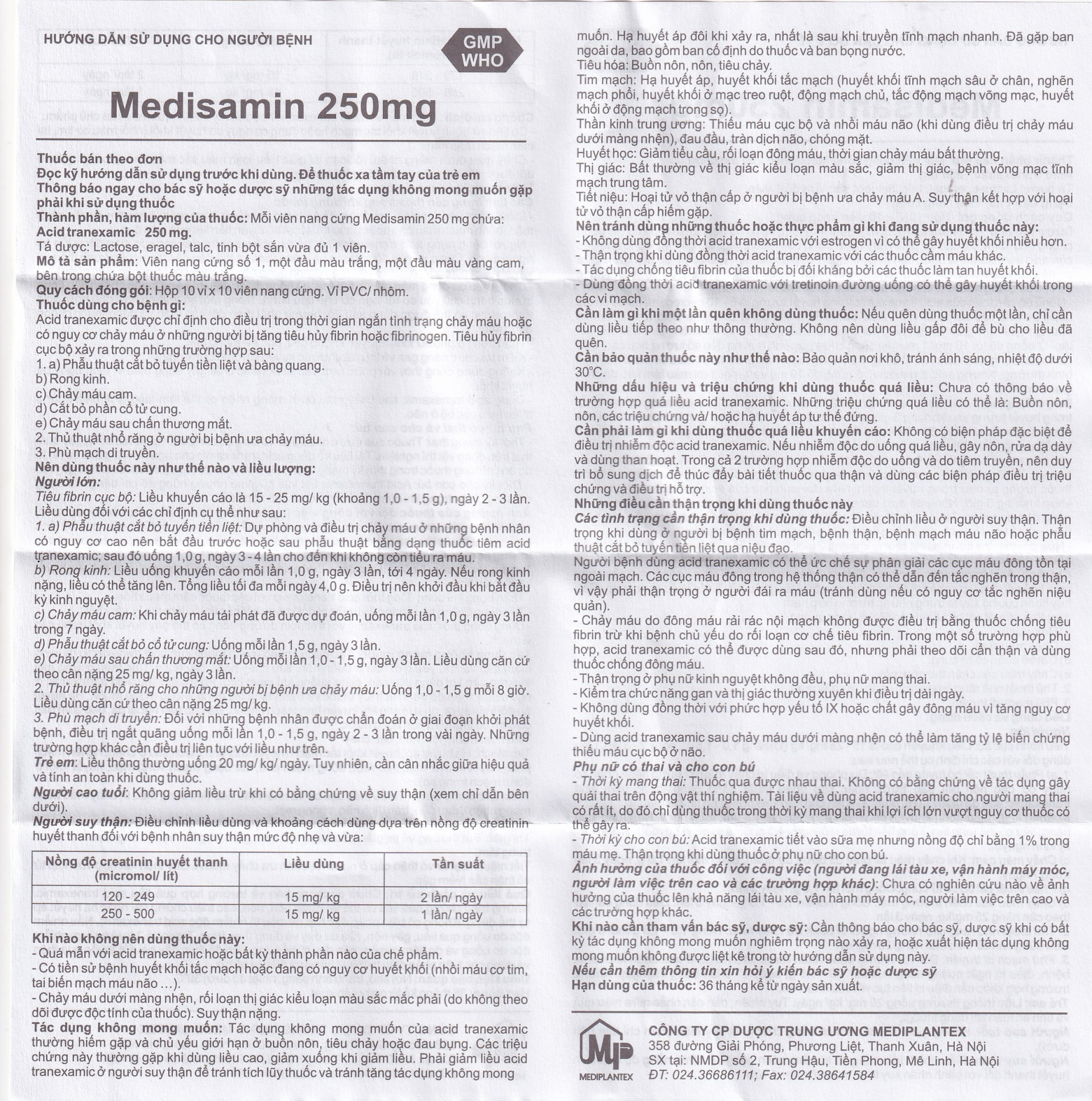 Thuốc Medisamin 250mg Mediplantex điều trị tình trạng chảy máu (10 vỉ x 10 viên) 