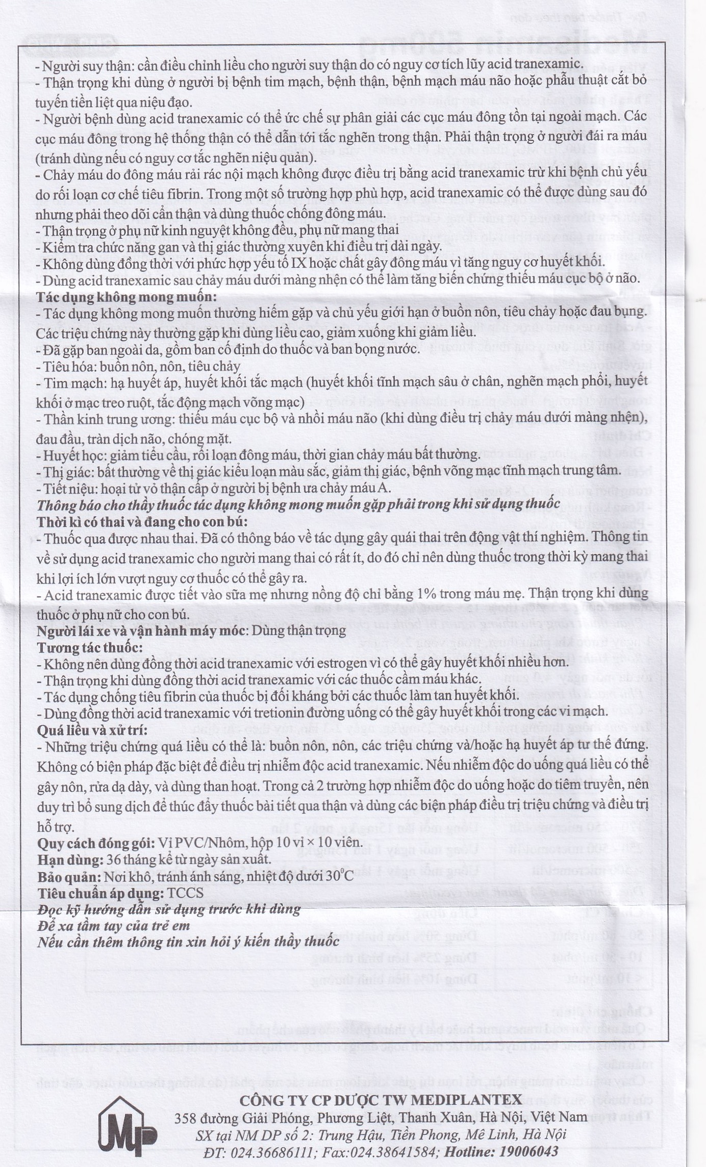 Thuốc Medisamin 500mg Mediplantex điều trị chảy máu ở bệnh ưa chảy máu, rong kinh (10 vỉ x 10 viên) 