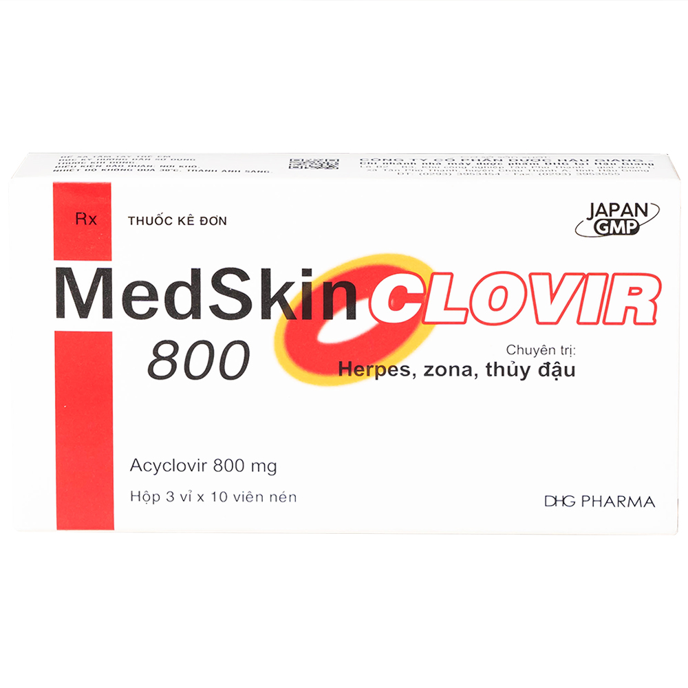 Thuốc MedSkin Clovir 800 DHG điều trị nhiễm virus Herpes simplex, bệnh thủy đậu, viêm phổi do Zona (3 vỉ x 10 viên)