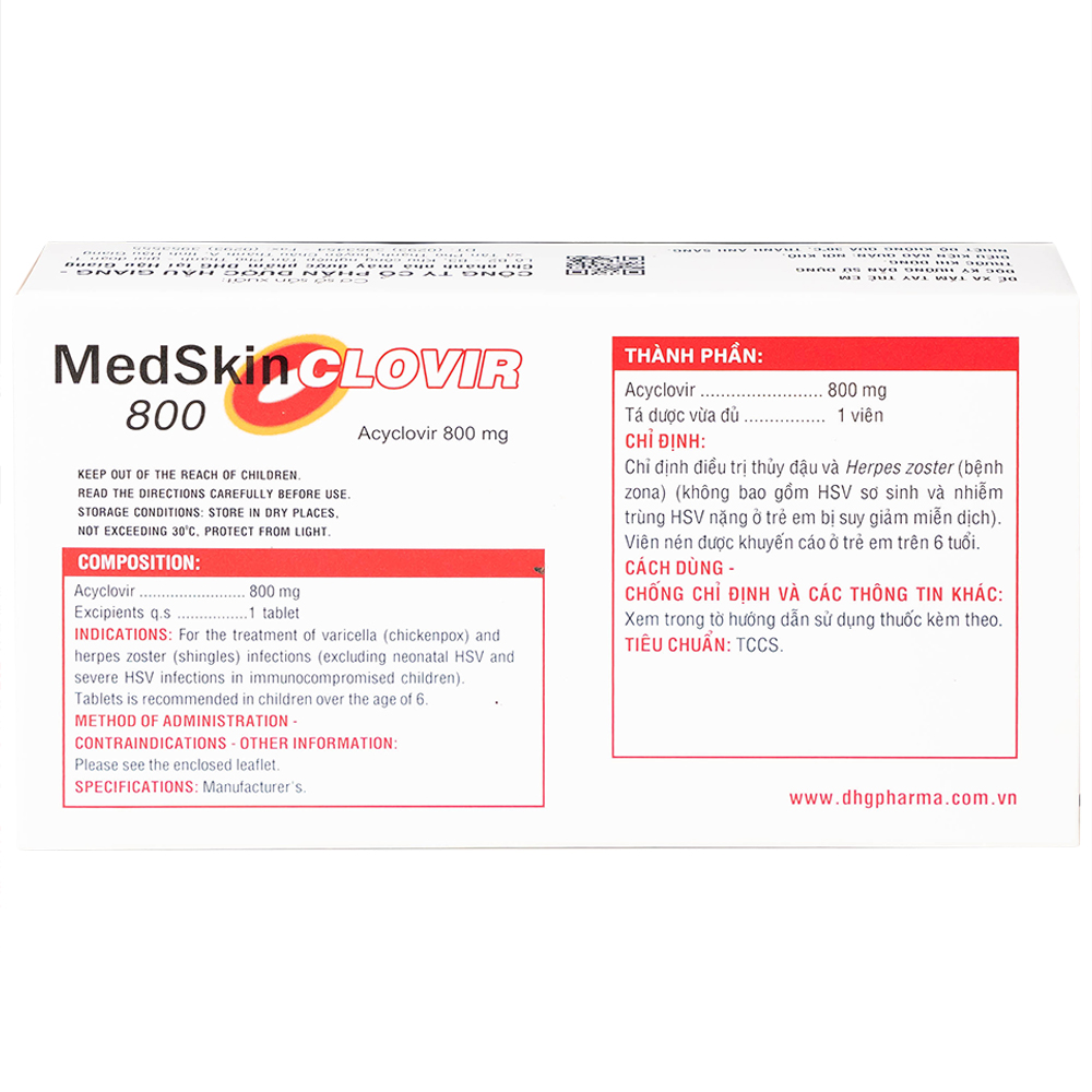 Thuốc MedSkin Clovir 800 DHG điều trị nhiễm virus Herpes simplex, bệnh thủy đậu, viêm phổi do Zona (3 vỉ x 10 viên)