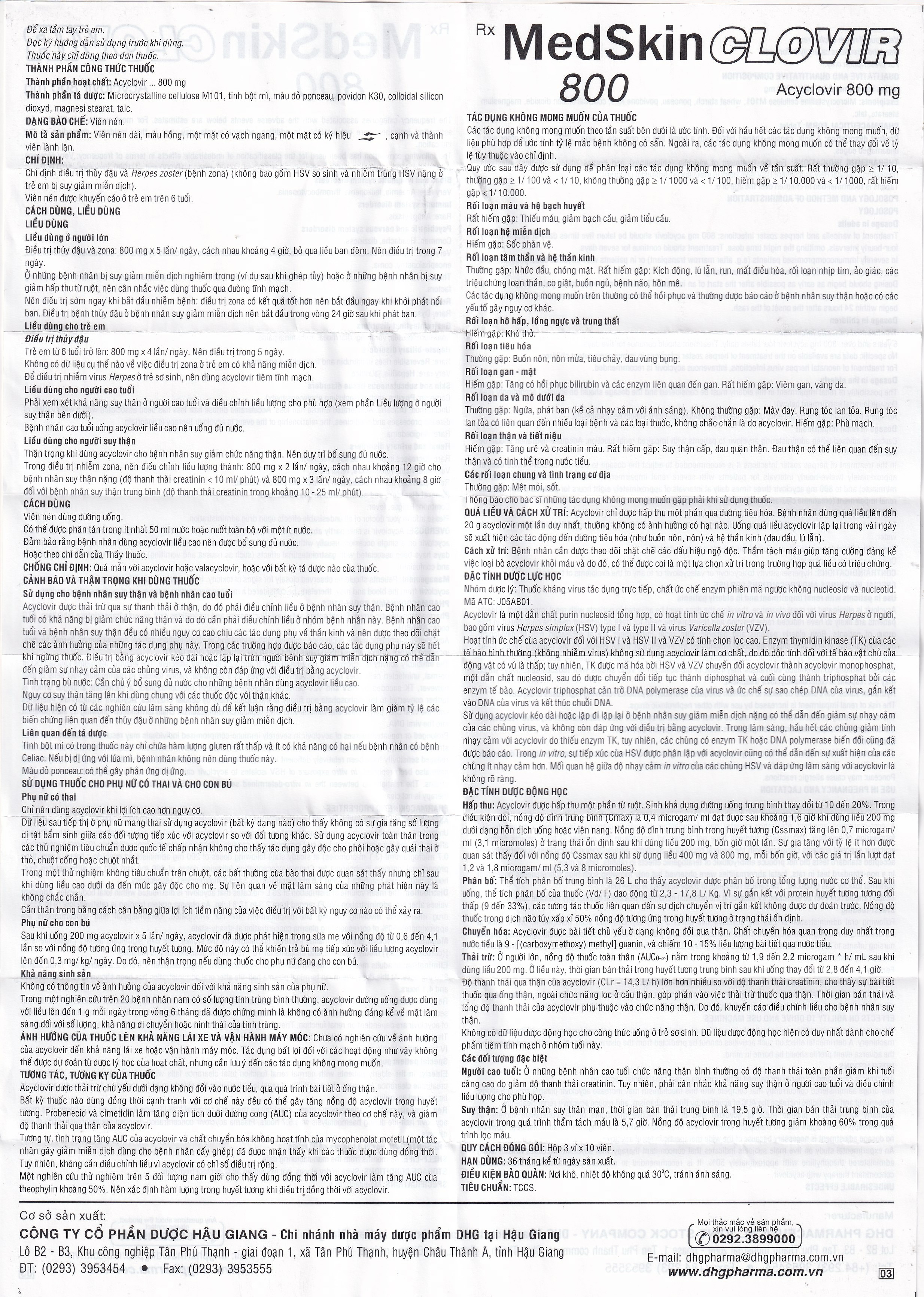 Thuốc MedSkin Clovir 800 DHG điều trị nhiễm virus Herpes simplex, bệnh thủy đậu, viêm phổi do Zona (3 vỉ x 10 viên)