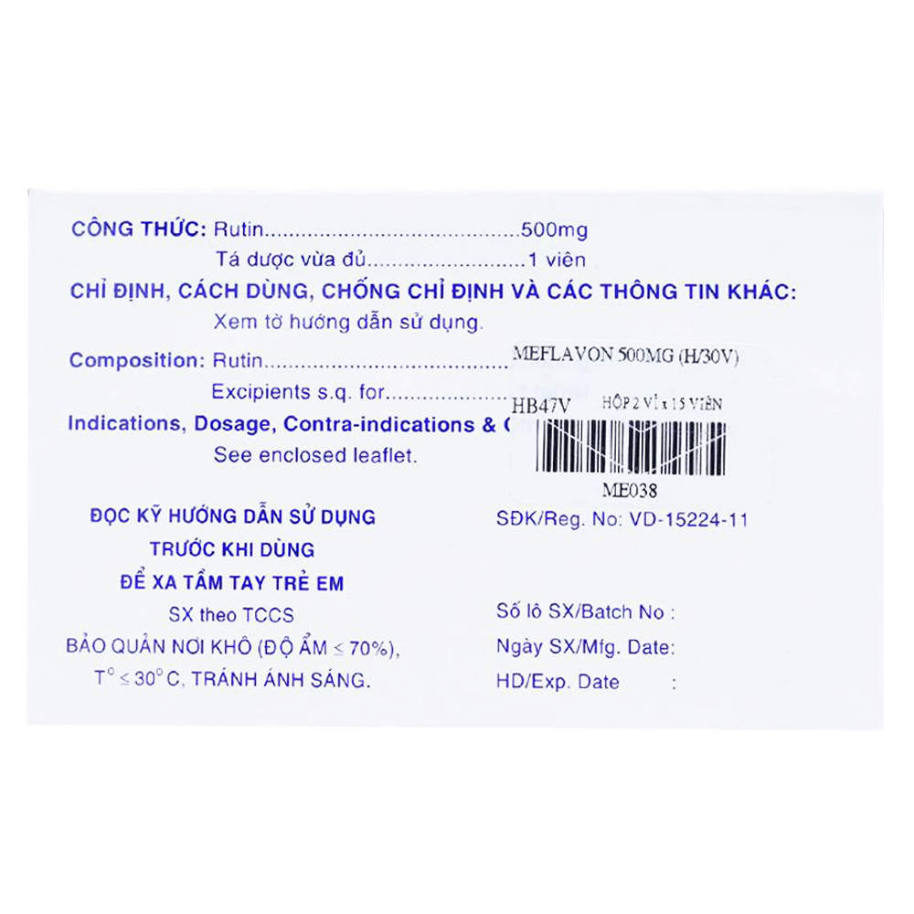 Viên nén Meflavon 500mg Mekophar điều trị hội chứng chảy máu, xơ cứng mạch máu (2 vỉ x 15 viên)