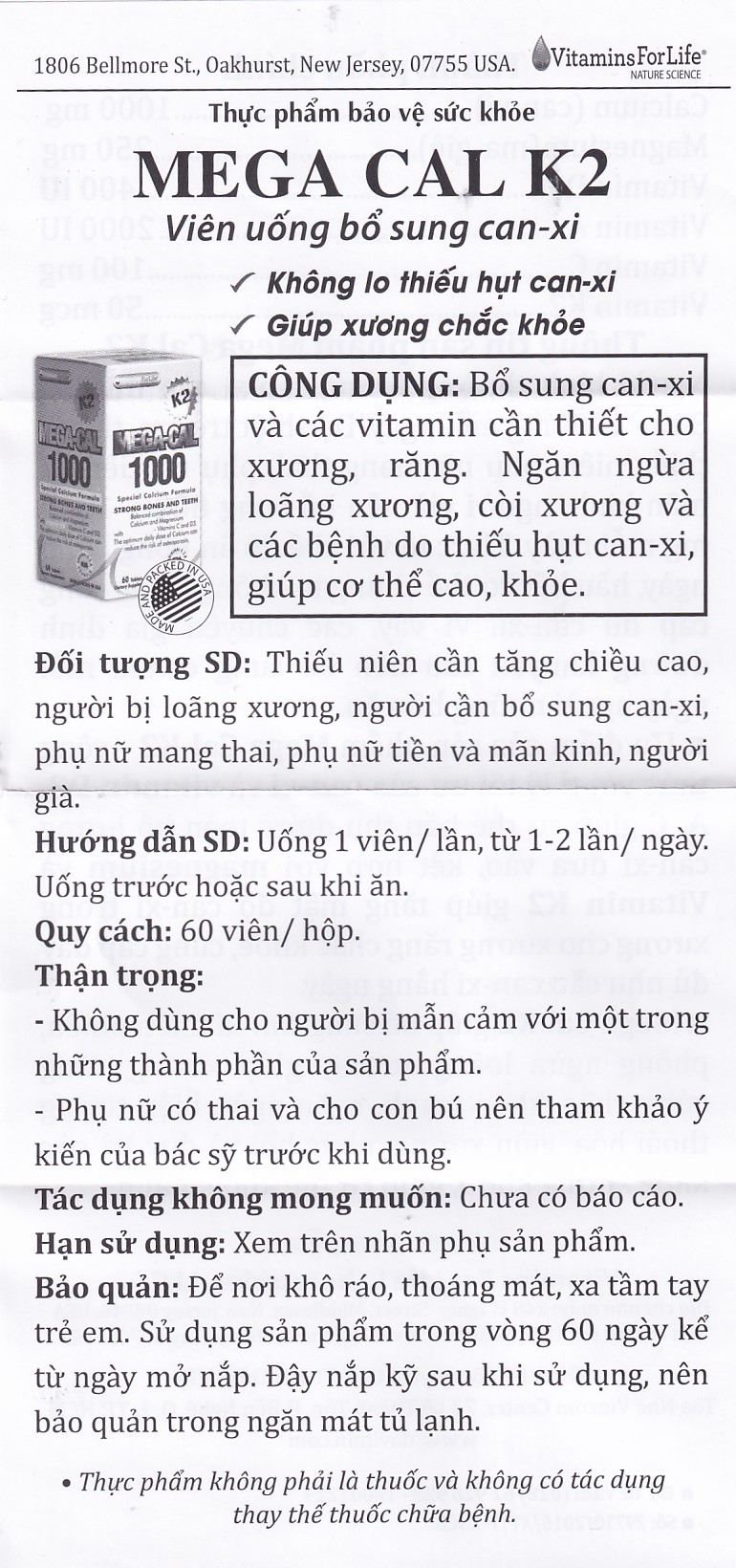 Viên uống bổ sung canxi, chống loãng xương Mega-Cal 1000 Vitamins For Life (60 viên)